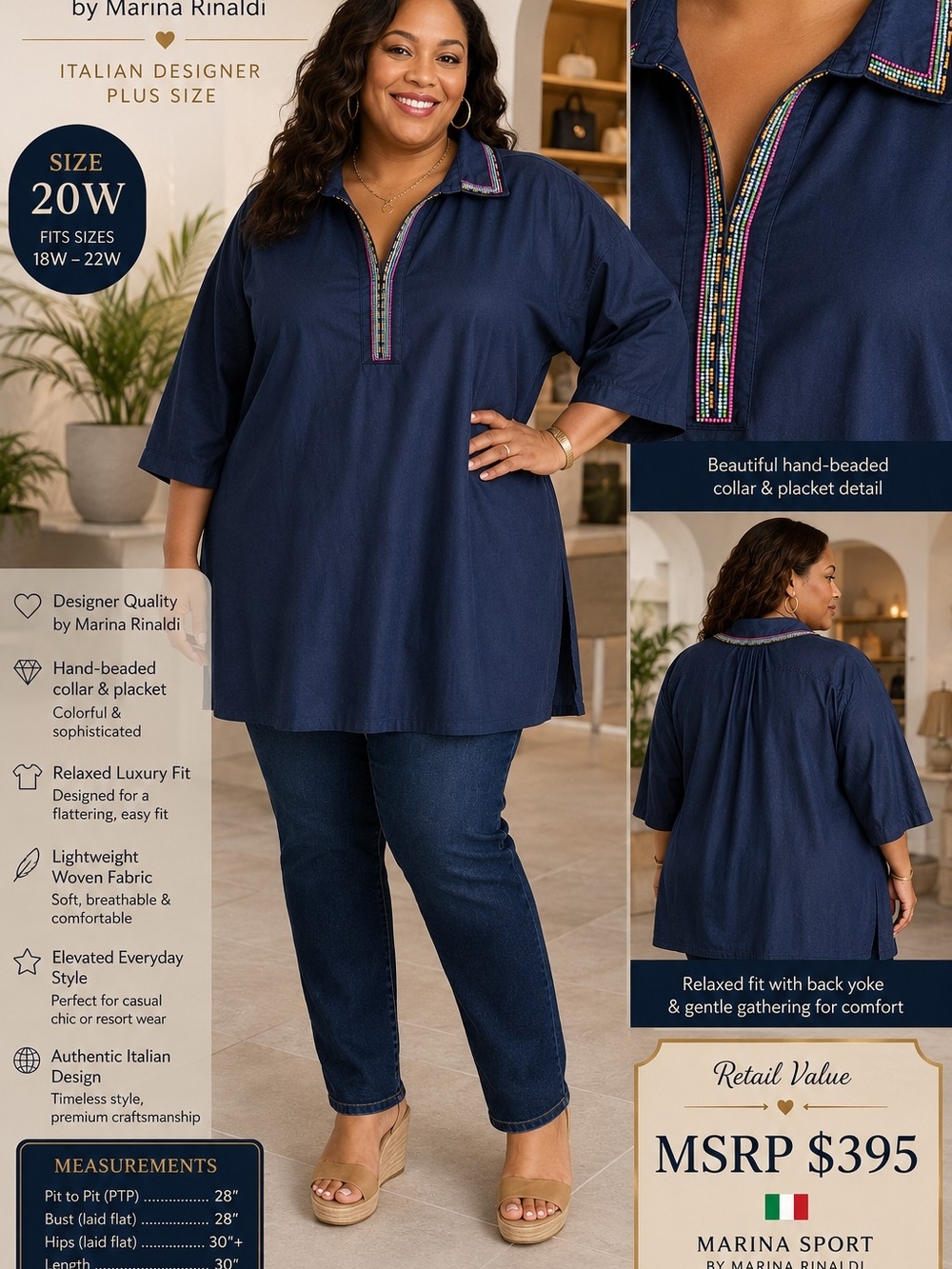 Marina Sport by Marina Rinaldi Tunic Top 20W Italian Designer Beaded MSRP $395